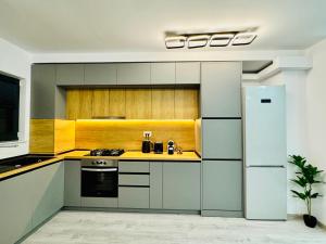uma cozinha com um fogão e um frigorífico em Altheda Living Avanera 9B-144 em Suceava