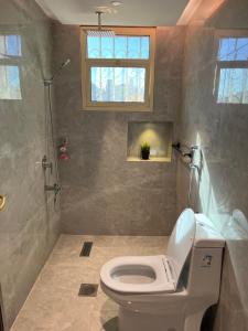 uma casa de banho com um WC e um chuveiro em شاليه فرحتي em Al Madinah
