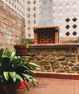 a building with a stone fireplace with a plant at Cal Viladot in Agramunt