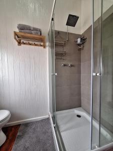 a bathroom with a shower and a toilet at Nyala Bush Cabin in Polokwane