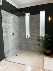 a shower with a glass door in a bathroom at Westcliff Cottage-NO Power outages- 1,5km form central Hermanus in Hermanus