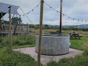 a hot tub and a picnic table in a field at Luxury Stargazing Glamping - Seren Aur in Llanidloes