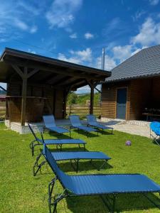 un grupo de sillones azules sentados en el césped en CABANA EDEN, en Câmpeni 21 fotos más