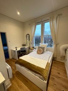 um quarto com uma cama, uma secretária e uma janela em London Central Richmond Cozy Apartment em Richmond