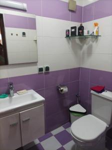 a purple and white bathroom with a toilet and a sink at Al fajar2 in Alimadene