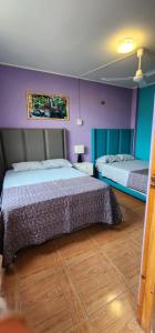 a bedroom with two beds with purple walls and wooden floors at La Casa de Bamboo in Ica