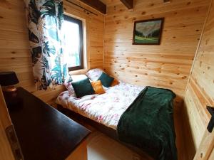 a small room with a bed in a log cabin at Domek Tomaszne in Uścimów