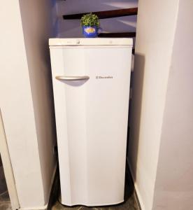 a small white refrigerator with a plant on top at Casas MDP ilhabela/2 in Ilhabela +43 photos