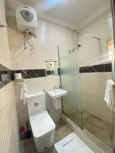 ein Bad mit einer Dusche, einem WC und einem Waschbecken in der Unterkunft Amazing Grace Apartment in Ikeja