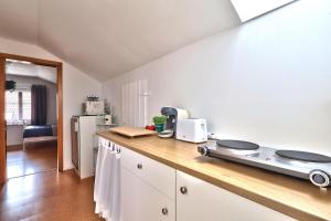 a kitchen with a counter top with a stove at Bezaubernde Ferienwohnung nahe des Kloster Andechs in Andechs +8 photos