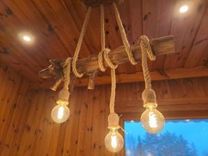 a group of lights hanging from a wooden ceiling at Das Haus am See - der idyllische Privatsee nahe Wien in Tulln