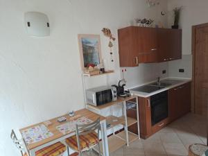 a small kitchen with a table and a microwave at Valtellina Grosotto Holidays in Grosotto