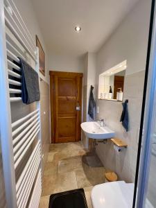 een badkamer met een wastafel, een toilet en een spiegel bij Ferienwohnung Dresden Laubegast in Dresden