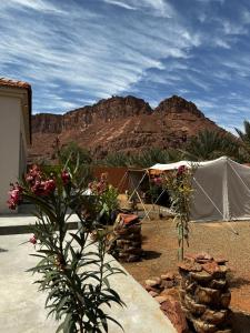een tent in de woestijn met een berg op de achtergrond bij فيلا بمزرعة in Al Ula