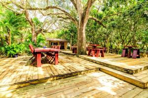 una terrazza in legno con tavoli da picnic e un albero di Bird Tiny House in Charming Japanese Garden a Homestead