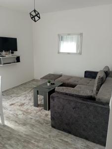 ein Wohnzimmer mit einem Sofa und einem Tisch in der Unterkunft Vila Leona D-1 in Divčibare