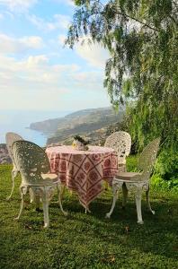 a table and chairs with a table and a view at Quinta do Cabouco in Ribeira Brava