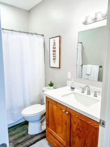 La salle de bains est pourvue d'un lavabo et de toilettes. dans l'établissement Remodeled Downtown 3bed Home Quartz Countertops, à Boise