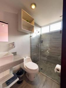 a bathroom with a toilet sink and a shower at Loft moderno con dos camas king en Zona Boulevard in Morelia