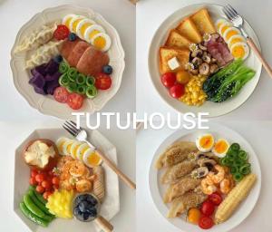 three pictures of plates of food with fruit and vegetables at TUTUhouse in Cairo