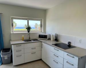 a kitchen with a sink and a microwave at MERAKII SEAVIEW ESCAPE CURACAO in Willemstad