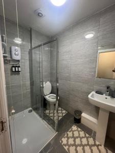 a bathroom with a shower and a toilet and a sink at Luxury in luxury out in Nottingham