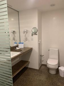La salle de bains est pourvue de toilettes, d'un lavabo et d'un miroir. dans l'établissement Pirâmide palace resort, à Natal