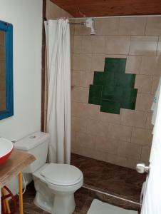 a bathroom with a toilet and a shower curtain at Rancho Ventura in Filandia