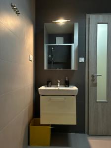 a bathroom with a sink and a mirror at AR RADNICA HOUSE in Košice