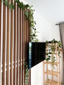 カイエンヌにあるL'Ecrin Boisé-Studio de Prestigeの植物の壁掛けテレビ付