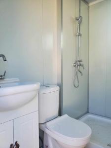 La salle de bains blanche est pourvue d'une douche et de toilettes. dans l'établissement North Shore Glamping / Camping Laie, Oahu, Hawaii, à Laie