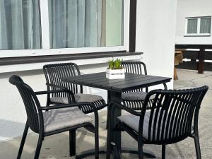 einem schwarzen Tisch mit zwei Stühlen und einer Pflanze darauf in der Unterkunft Apart7 in Lermoos