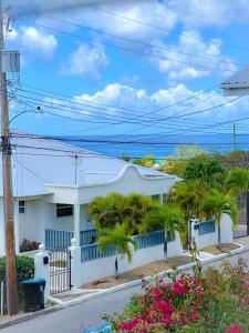 a white house with palm trees and the ocean at Apartment 6, Kenridge Residences, West coast in Saint James