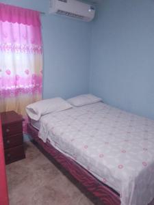 a bedroom with a bed and a pink curtain at HOTEL EL CASTILLO MANTA2 in Manta