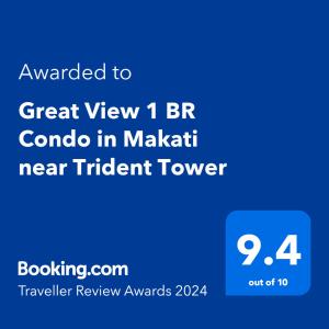 Majutusasutuses Great View 1 BR Condo in Makati near Trident Tower olev sertifikaat, autasu, silt või muu dokument