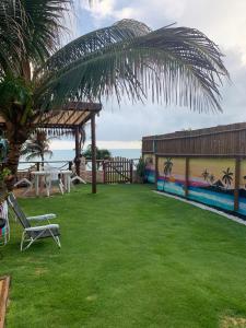 a yard with a chair and a palm tree at Mirante da Lua Residence in Aracati