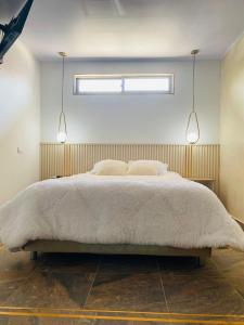 a bedroom with a large bed with two pillows at Apartaestudio Turbaco in Turbaco