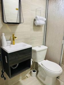 een badkamer met een toilet, een wastafel en een spiegel bij Apartaestudio Turbaco in Turbaco