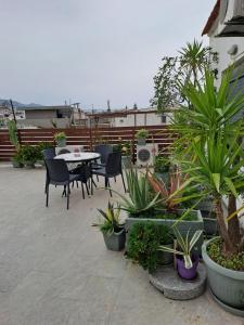 eine Terrasse mit einem Tisch, Stühlen und Topfpflanzen in der Unterkunft Parthenon Hotel in Souda