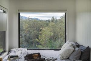a bed in a room with a large window at Tiny Nancy in Bellingen