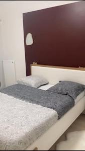 um quarto com 2 camas e cobertores cinzentos em Mi appartement mi maison em Guyancourt