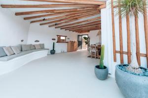 un salon avec un canapé et des plantes en pot dans l'établissement Villa Sea Walk Mykonos 200m to ftelia beach, à Mykonos 68 autres photos