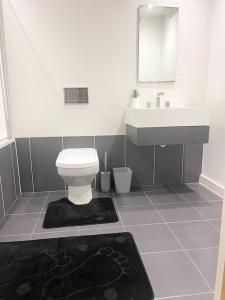 a bathroom with a white toilet and a sink at Manchester City Center Apartment in Manchester