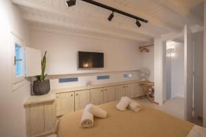une chambre avec un lit et une télévision au mur dans l'établissement Villa Sea Walk Mykonos 200m to ftelia beach, à Mykonos