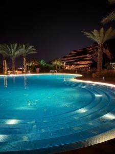 a swimming pool at night with palm trees at Aqaba Alraha village in Aqaba