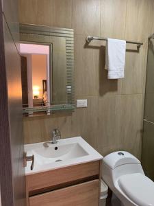 a bathroom with a sink and a toilet and a mirror at ApartaHostal Quintanilla in Villanueva