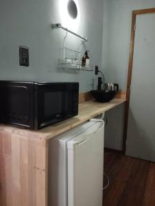 eine Küche mit einer Mikrowelle auf einer Holztheke in der Unterkunft Guest Tiny House - lake side in Montevideo