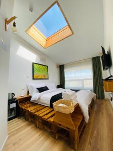 a bedroom with a large bed with a skylight at Nomado Boutique Hotel in Ulaanbaatar