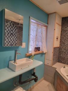 uma casa de banho com um lavatório e uma janela em Birch Tree Cabins em Homer mais 5 fotografias