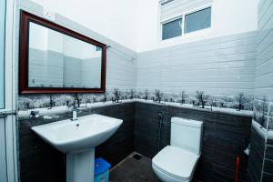 een badkamer met een wastafel, een toilet en een raam bij Adams Peak Inn in Nallathanniya